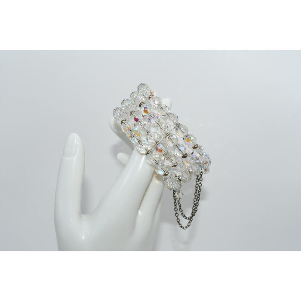 Vintage Czech Crystal Memory Wire Bracelet Clear Fire Polished Beads 4 Row